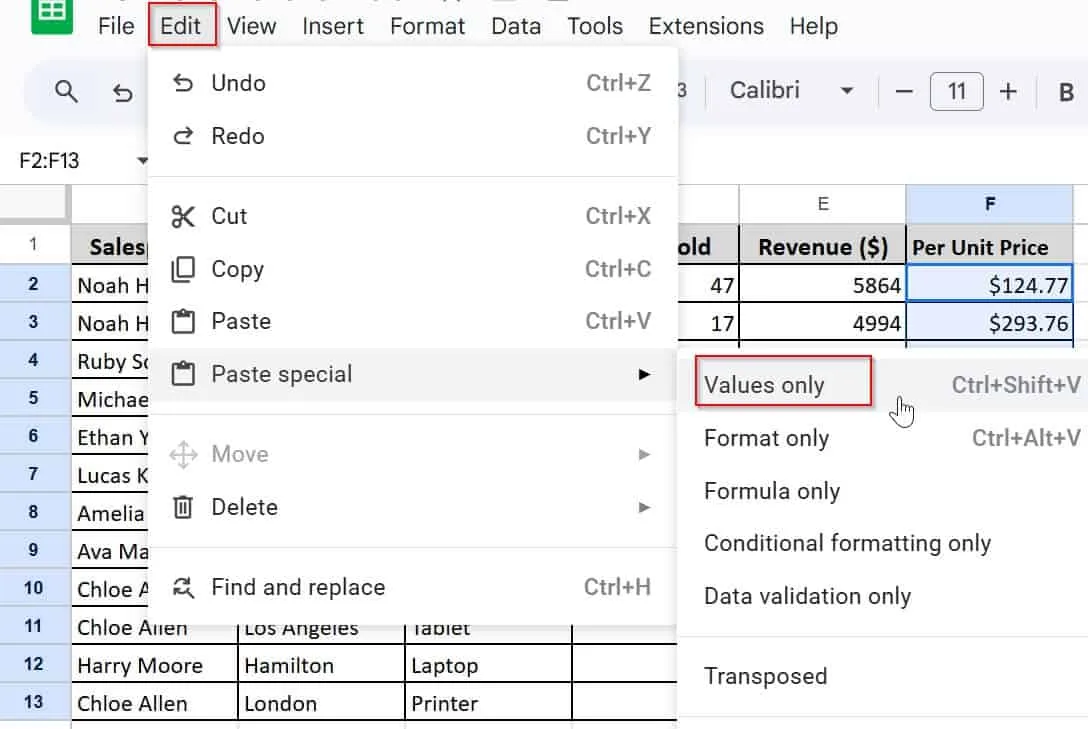 Using Values-only Option from the Toolbar