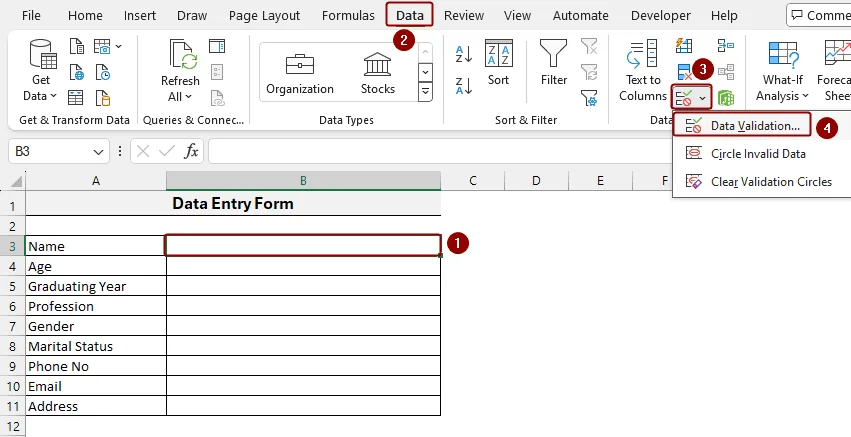 selecting data for adding drop down in excel