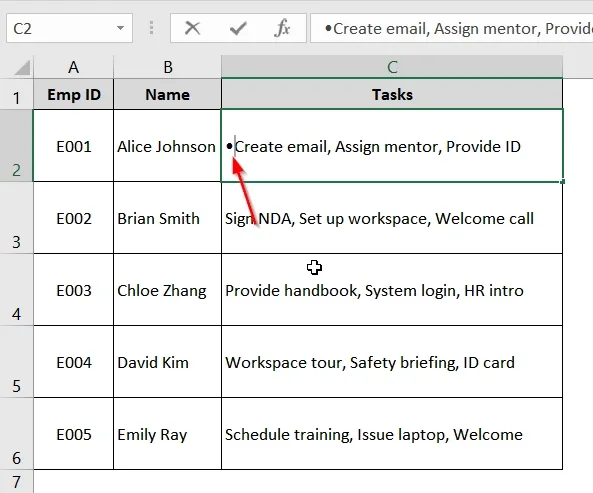 Applying Bullet Symbol (Alt+7) to Insert Multiple Bullet Points in Excel Cell