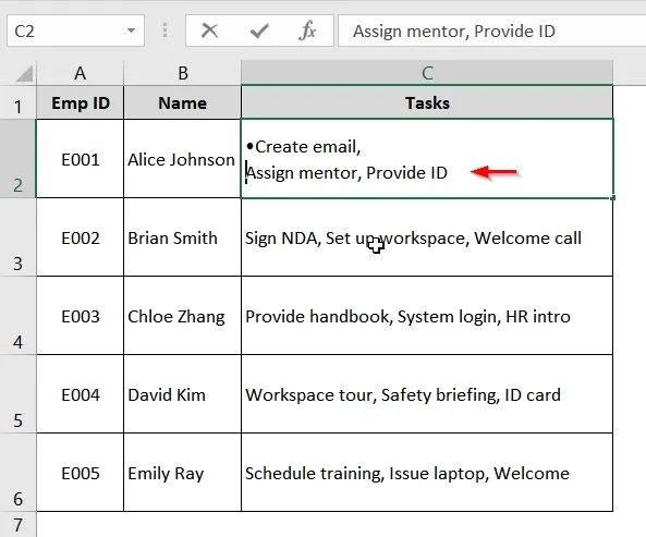 Applying Bullet Symbol (Alt+7) to Insert Multiple Bullet Points in Excel Cell