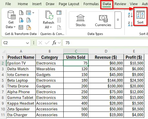 Sorting Rows by Column with the Sort Dialog Box