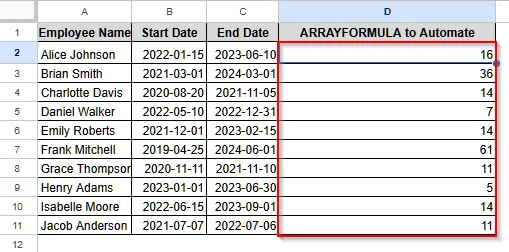 Automating the Calculation of Months Between Two Dates with the ARRAYFORMULA Function