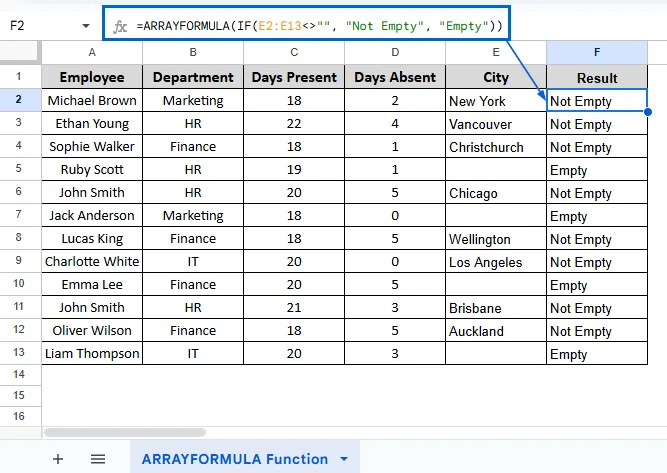Using ARRAYFORMULA to Display Empty Cells At Once