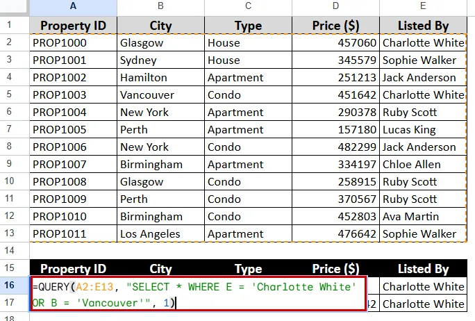 Using the QUERY Function with Multiple Conditions