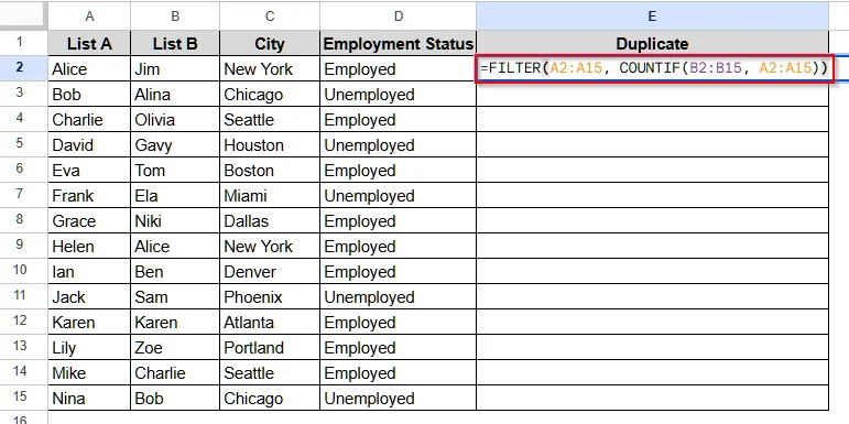 Find Duplicates in Two Columns of Google Sheets Dataset Using the Filter Function