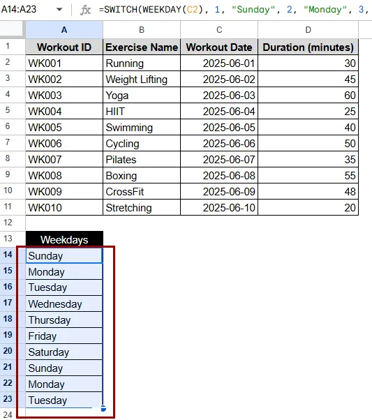 Combining WEEKDAY with SWITCH Function