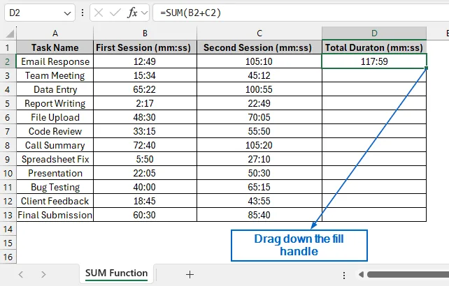 Add Times Using the SUM Function