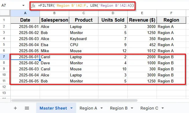 Use the FILTER Function to Pull Data Automatically