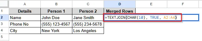 TEXTJOIN Function to Merge Rows in Google Sheets