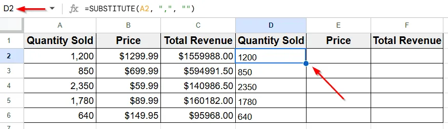 Remove Commas Using the SUBSTITUTE Function