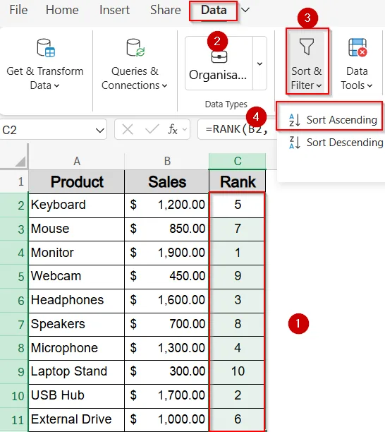 Use a Helper Column with RANK Function