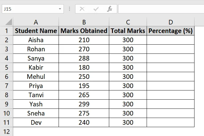 Using Percent Style with Formula for Marksheet in Excel