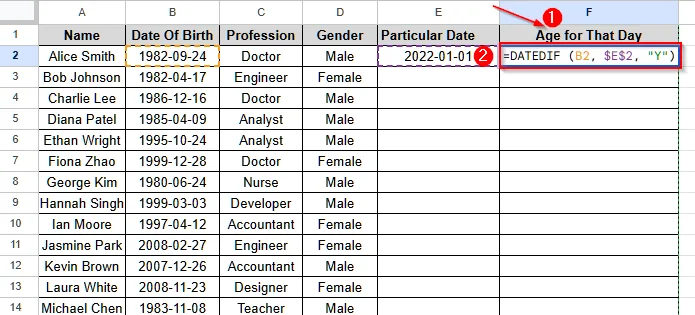 Calculate Age from Date of Birth Using DATEDIF Function in Google Sheets - 10