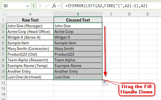 Combining LEFT, FIND, and IFERROR Functions to Remove Parentheses and the Text Inside