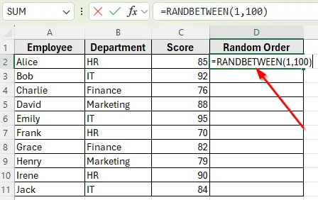 Applying RANDBETWEEN Function for Random Sort in Excel