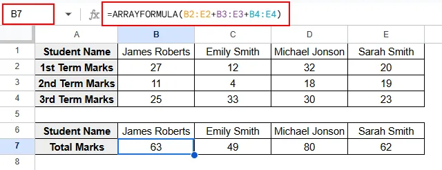 Adding Horizontally Placed Data Applying ARRAYFORMULA
