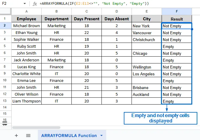 Using ARRAYFORMULA to Display Empty Cells At Once