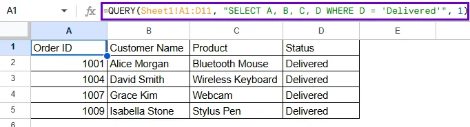 Using QUERY Function to Copy Data Based on Conditions