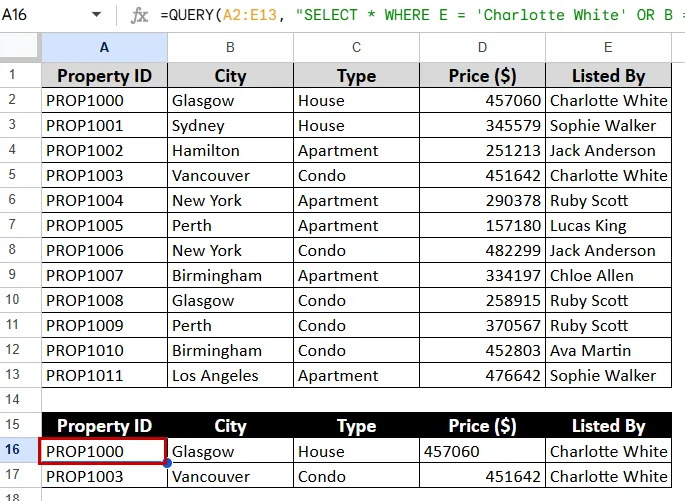 Using the QUERY Function with Multiple Conditions