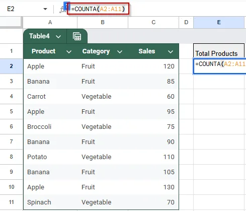 Count All Non-Empty Cells With Values Using COUNTA Function