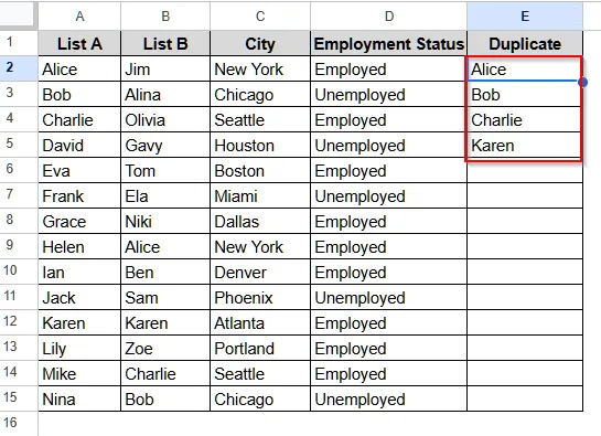 Find Duplicates in Two Columns of Google Sheets Dataset Using the Filter Function