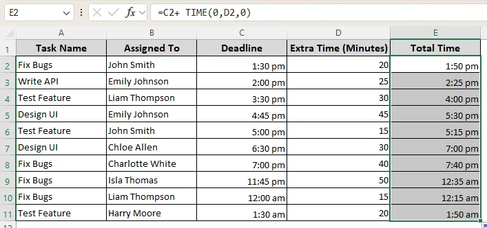 Using the TIME Function to Add Minutes