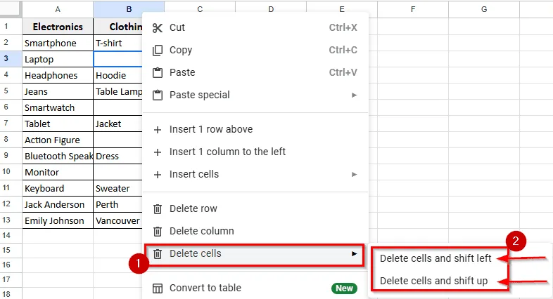 Using Delete Cells Options In Google Sheets
