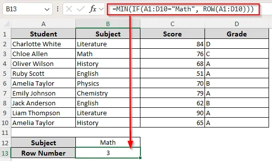 Look for a Match and Get Row Number Across Multiple Columns and Rows with the IF, ROW, and MIN Functions