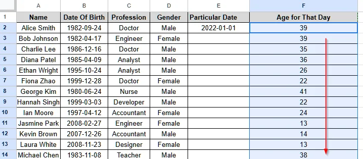 Calculate Age from Date of Birth Using DATEDIF Function in Google Sheets - 11
