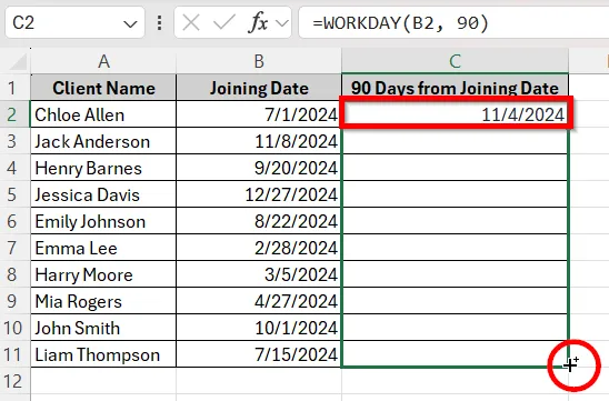 Calculate 90 Business Days With The WORKDAY Function (Exclude Weekends)