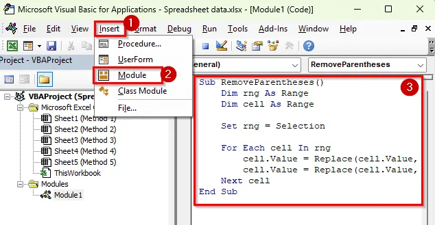 Apply VBA Macro to Remove Parentheses in Excel