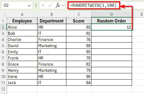 Applying RANDBETWEEN Function for Random Sort in Excel
