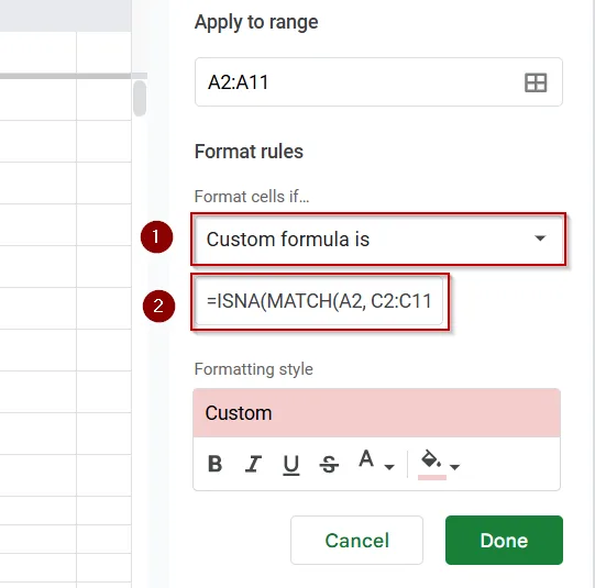 Highlight Missing Values Using Conditional Formatting Across Two Sheets in Google Sheets