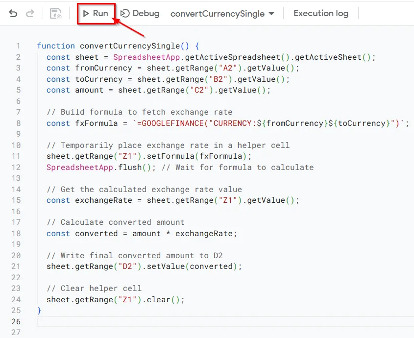 Using Google Apps Script for Currency Conversion