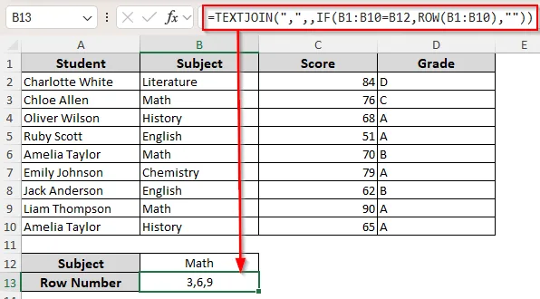 Return Several Row Numbers for Multiple Matches with the IF, ROW, and TEXTJOIN Functions