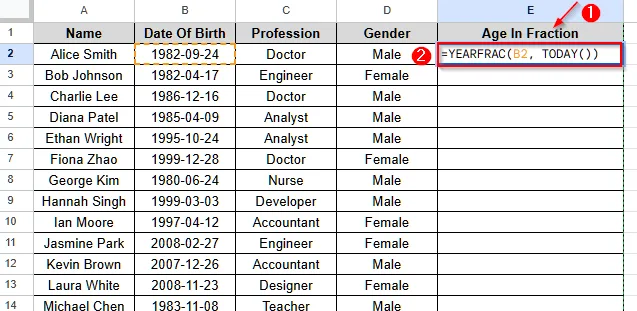 Calculate Age from Date of Birth Using the YEARFRAC Function in Google Sheets - 1