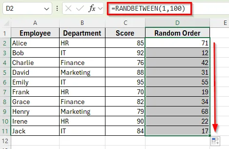 Applying RANDBETWEEN Function for Random Sort in Excel