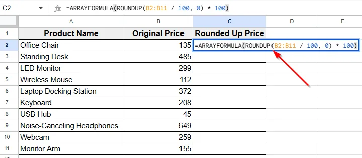 Combine ARRAYFORMULA and ROUNDUP Function for Auto-Fill Rounding