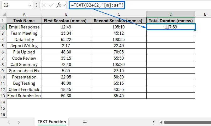 Add Minutes and Seconds Using the TEXT function