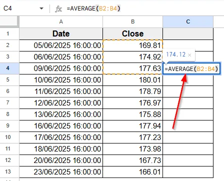 Combining GOOGLEFINANCE and AVERAGE to Calculate Moving Average