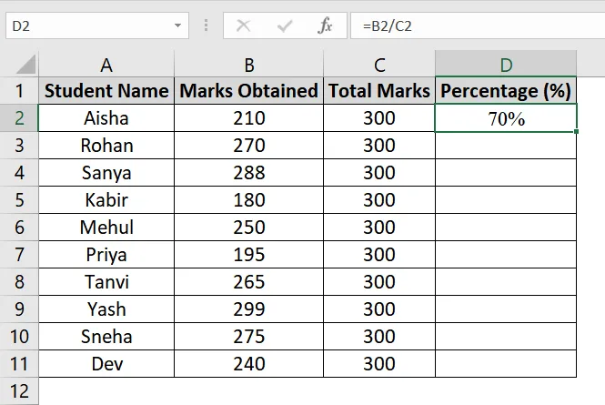 Using Percent Style with Formula for Marksheet in Excel