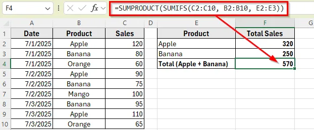 Combine SUMIFS with SUMPRODUCT Function to Add Multiple Criteria in the Same Column