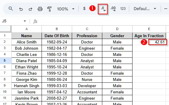 Calculate Age from Date of Birth Using the YEARFRAC Function in Google Sheets - 2