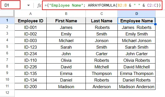 Adding Columns Using the ARRAYFORMULA Function