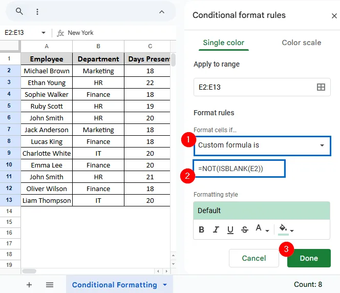 Applying Conditional Formatting to Visually Highlight Non Empty Cells