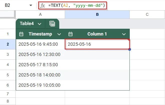 Convert Timestamp to Date Format Using TEXT Function in Google Sheets