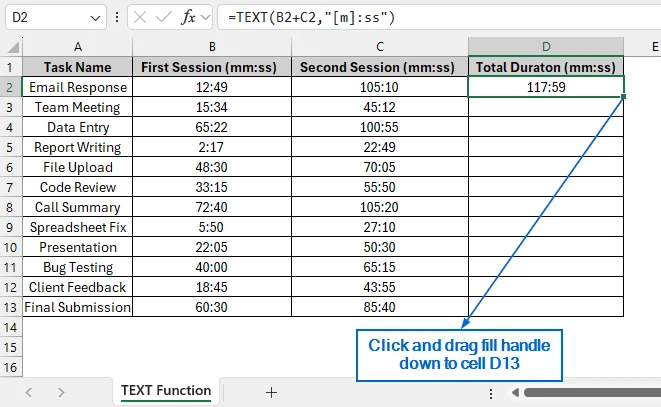 Add Minutes and Seconds Using the TEXT function