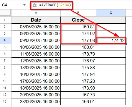 Combining GOOGLEFINANCE and AVERAGE to Calculate Moving Average