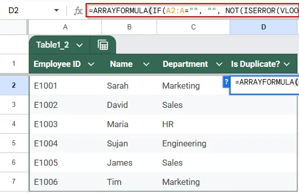 Applying ARRAYFORMULA with VLOOKUP Function Across Entire Columns to Find Duplicates