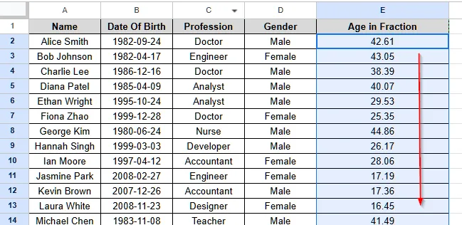 Calculate Age from Date of Birth Using the YEARFRAC Function in Google Sheets - 3